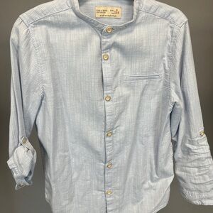 Zara kids Light Blue textured cotton button banded collar Shirt size 8 EUC